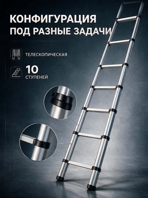 ТЕХПРОМ Универсальная лестница 11 ступеней телескопическая 4,3 м, 4,2 м, фото 3