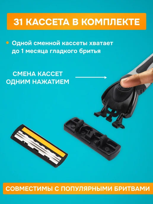 Бритва для мужчин + 31 кассета для бритья, 3 лезвия, вариант, фото 6