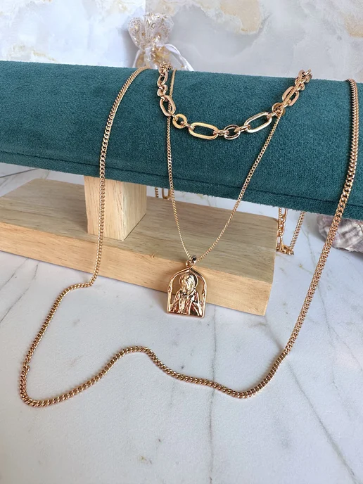 XUPING JEWELRY Колье-чокер с тройной цепочкой и подвеской-иконкой, желтый, фото 2