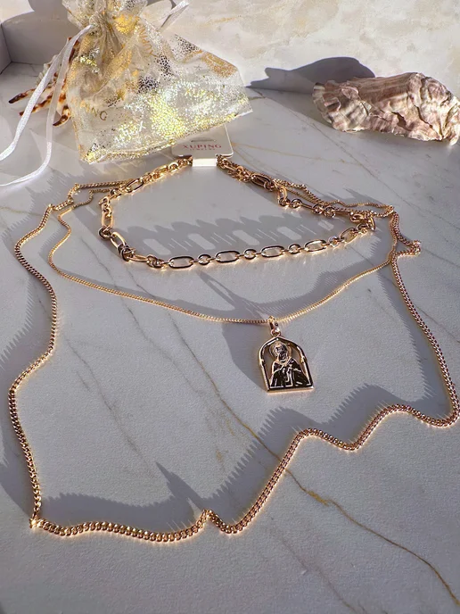 XUPING JEWELRY Колье-чокер с тройной цепочкой и подвеской-иконкой, желтый, фото 3