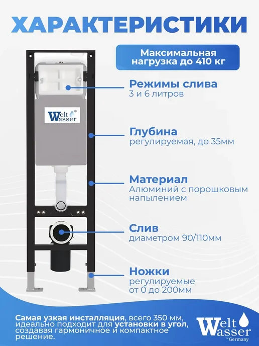 WeltWasser Унитаз с инсталляцией AMBERG 350, черный, фото 2