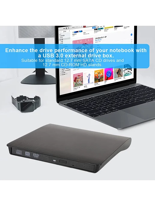USB 3.0 SATA корпус для DVD CD-RW оптический, черный, черный, фото 7