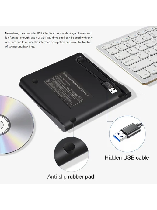 USB 3.0 SATA корпус для DVD CD-RW оптический, черный, черный, фото 8