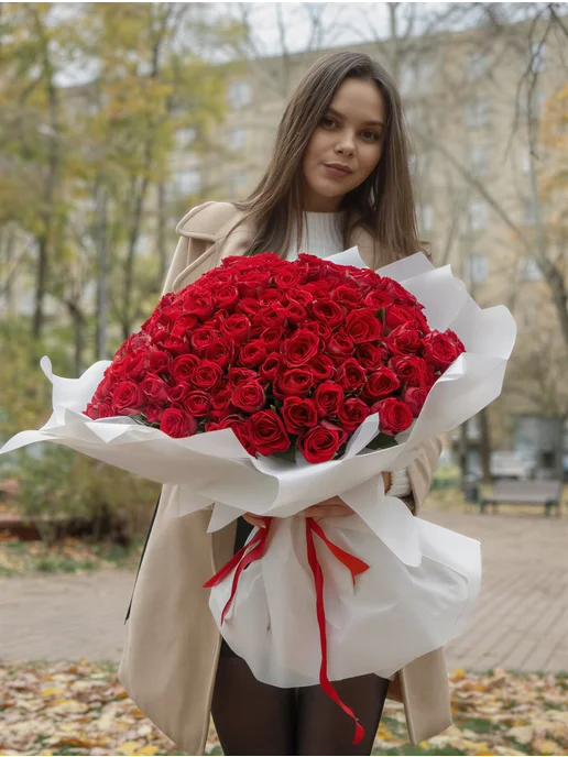 ROZA4U Букет живых цветов 201 красная роза, красный, фото 2