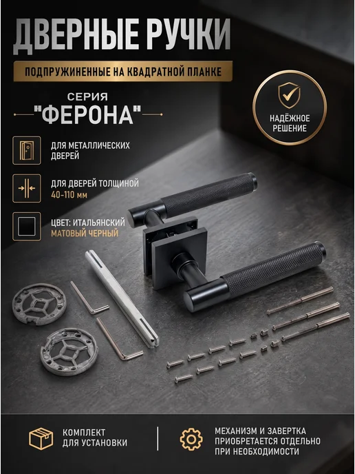 БУЛАТ Комплект ручек для метал дверей РФ 02.02 матовый черный, черный
