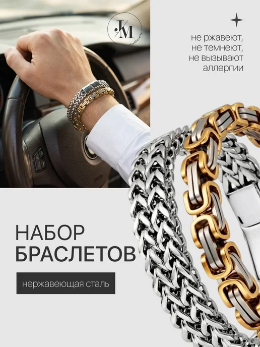 JewelryMeverly Браслет цепочка на руку из нержавеющей стали набор 2шт, 2 шт