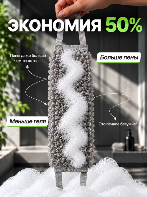 Чисто Тело Мочалка для душа и тела жесткая длинная с ручками, вариант, фото 3