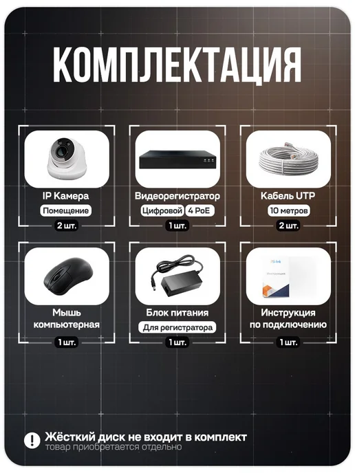 Ps-Link Комплект видеонаблюдения IP 2Мп KIT-A202IPM-POE, черный, фото 2