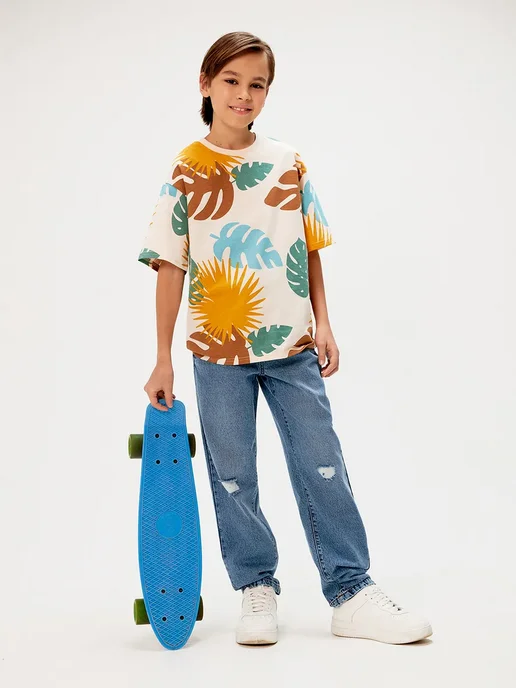 ACOOLA Джинсы прямые летние рваные с принтом, голубой, фото 8