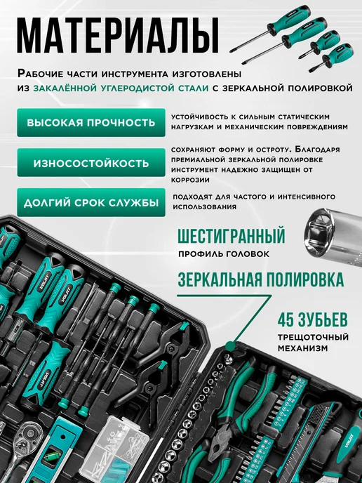 ВОЛАТ Набор инструментов для дома и автомобиля 1 4", 3 8" 168 пр, черный, фото 2