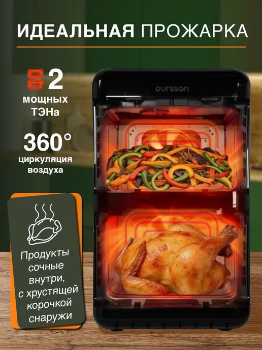 OURSSON Аэрогриль с двумя чашами, 11.6 л, 3000 Вт, 11,6 л, 3000 Вт, фото 5