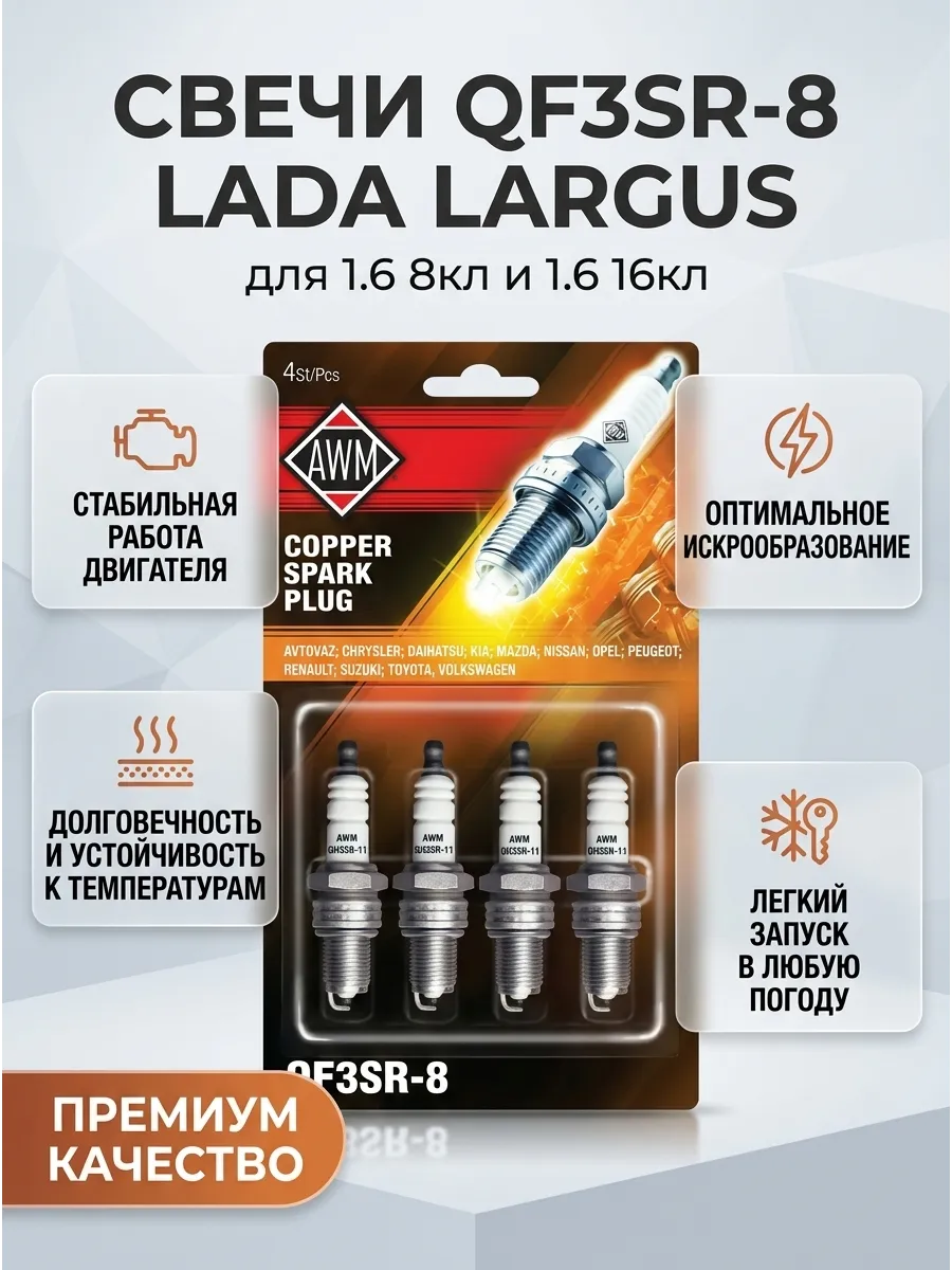 Свечи Лада Ларгус 1,6 8кл (дв.K7M),1.6 16кл (дв.K4M) AWM (QF3SR-8 (медь)