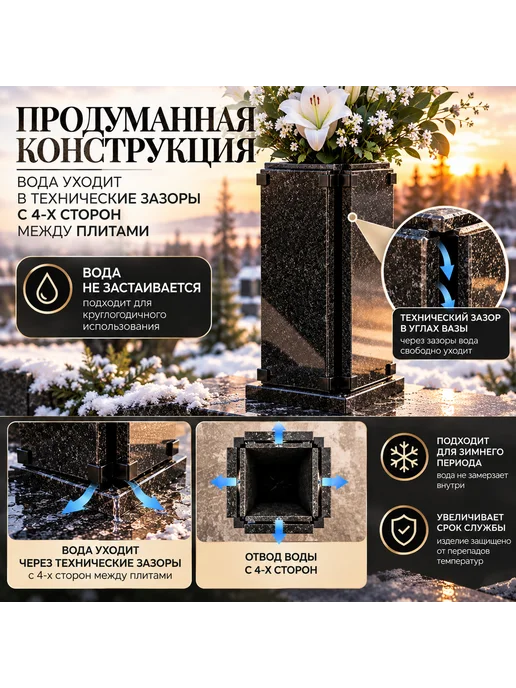 Остров_Памяти Ваза на кладбище гранитная ритуальная черная 32 см, черный, фото 4