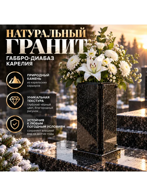Остров_Памяти Ваза на кладбище гранитная ритуальная черная 32 см, черный, фото 5