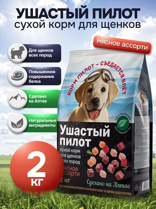 Сухой корм Ушастый Пилот Ассорти для собак, щенки, мясо, 2 кг