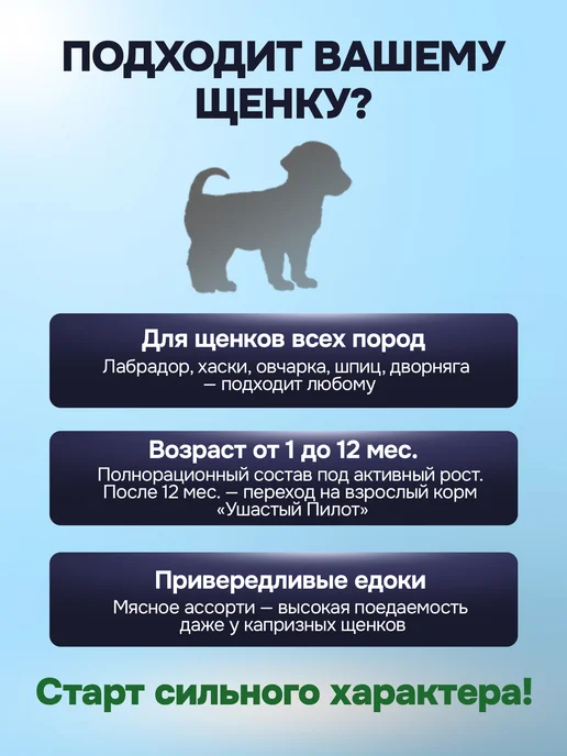 Сухой корм Ушастый Пилот Ассорти для собак, щенки, мясо, 2 кг, фото 4