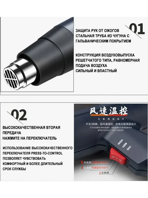 Строительный фен 2000Вт 4 насадки, плавная регулировка, 2000 Вт, фото 4