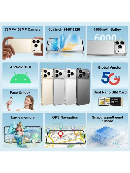Смартфон Pro Max I17 Pro Max 6/12 ГБ, голубой, фото 3
