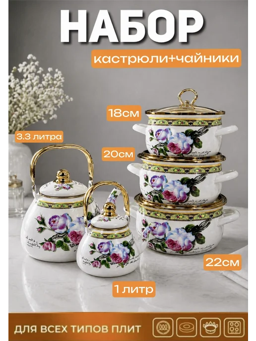 Кастрюля и чайник 5в1 набор, белый