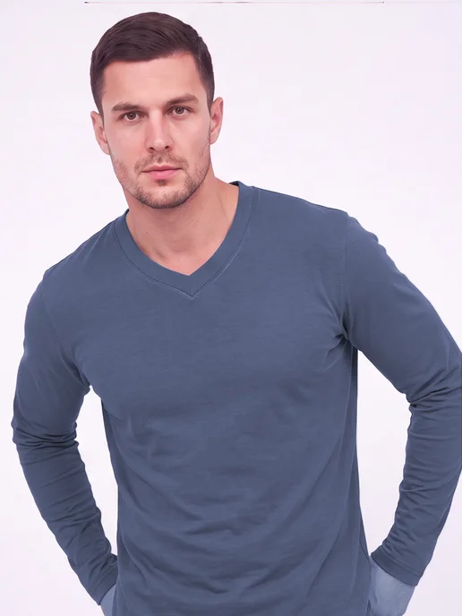 TodoModa Лонгслив мужской V-вырез длинный рукав, синий, фото 8