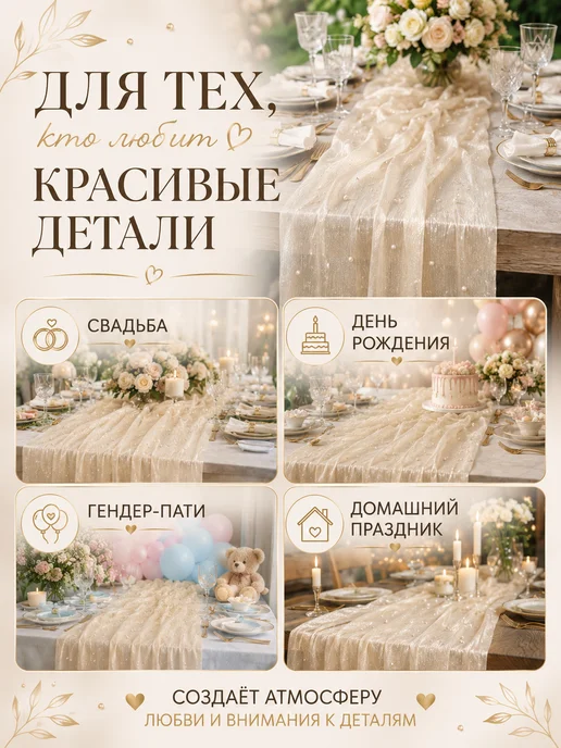 ПэНэР Набор дорожка на стол тканевая с салфетками свадебный декор, бежевый, фото 4