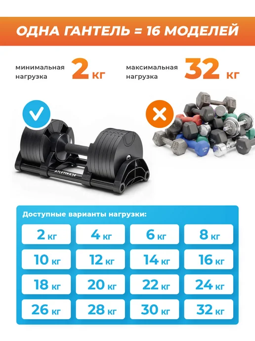 Atletika24 Гантель регулируемая (черный, шаг 2 кг) 32 кг, 2 кг, 32 кг, фото 6