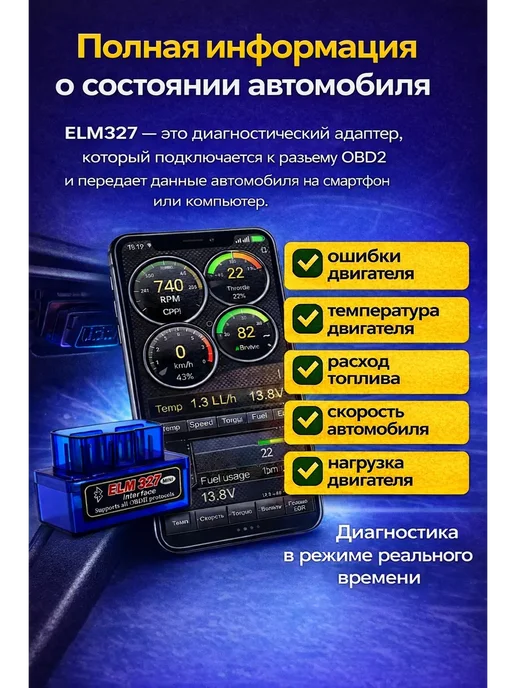 TAIVOL Автосканер для диагностики авто адаптер OBD2 ELM327 мини, синий, фото 3