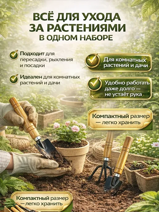 KAMAKA Набор садовых инструментов 3 в 1 с деревянной ручкой, 3 шт, фото 2