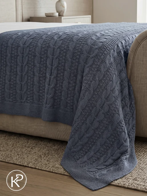 KING PLAID Плед вязаный на кровать диван 220x240 см джинс, 220x240 см, фото 2
