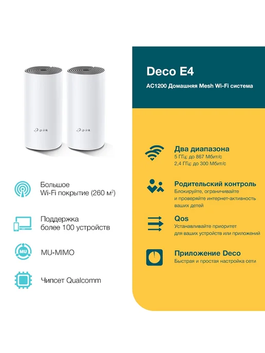 TP-link Mesh Wi-Fi система Deco E4(2-pack), 2.4 5 ГГц, AC1200, вариант, фото 4