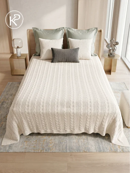 KING PLAID Плед вязаный на кровать диван 150x200 см молочный, 200x220 см, фото 3