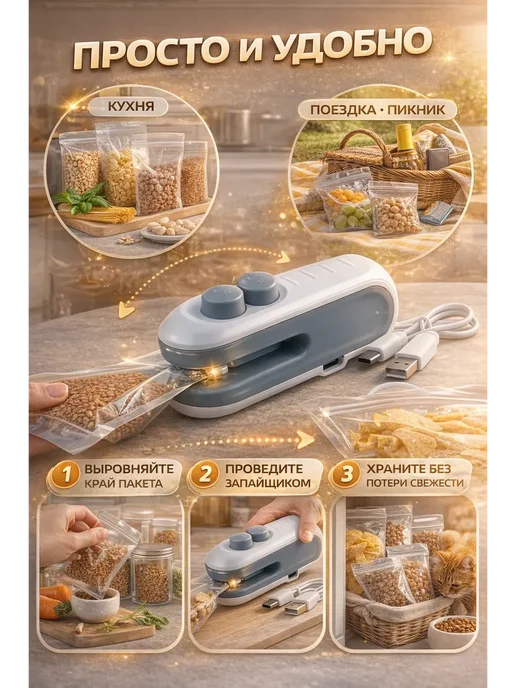 Мини запайщик пакетов для кухни и поездок, черный
